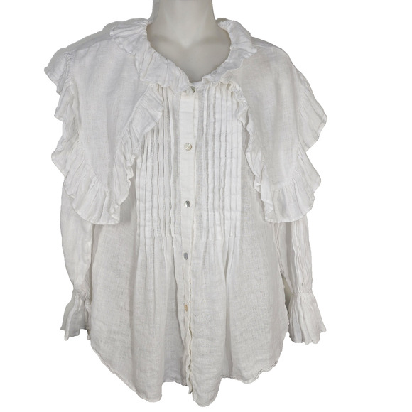 Zara Blouse XS 100% Linen Flounce White Peter Pan Collar Button Pleated Ruffles - Picture 1 of 12